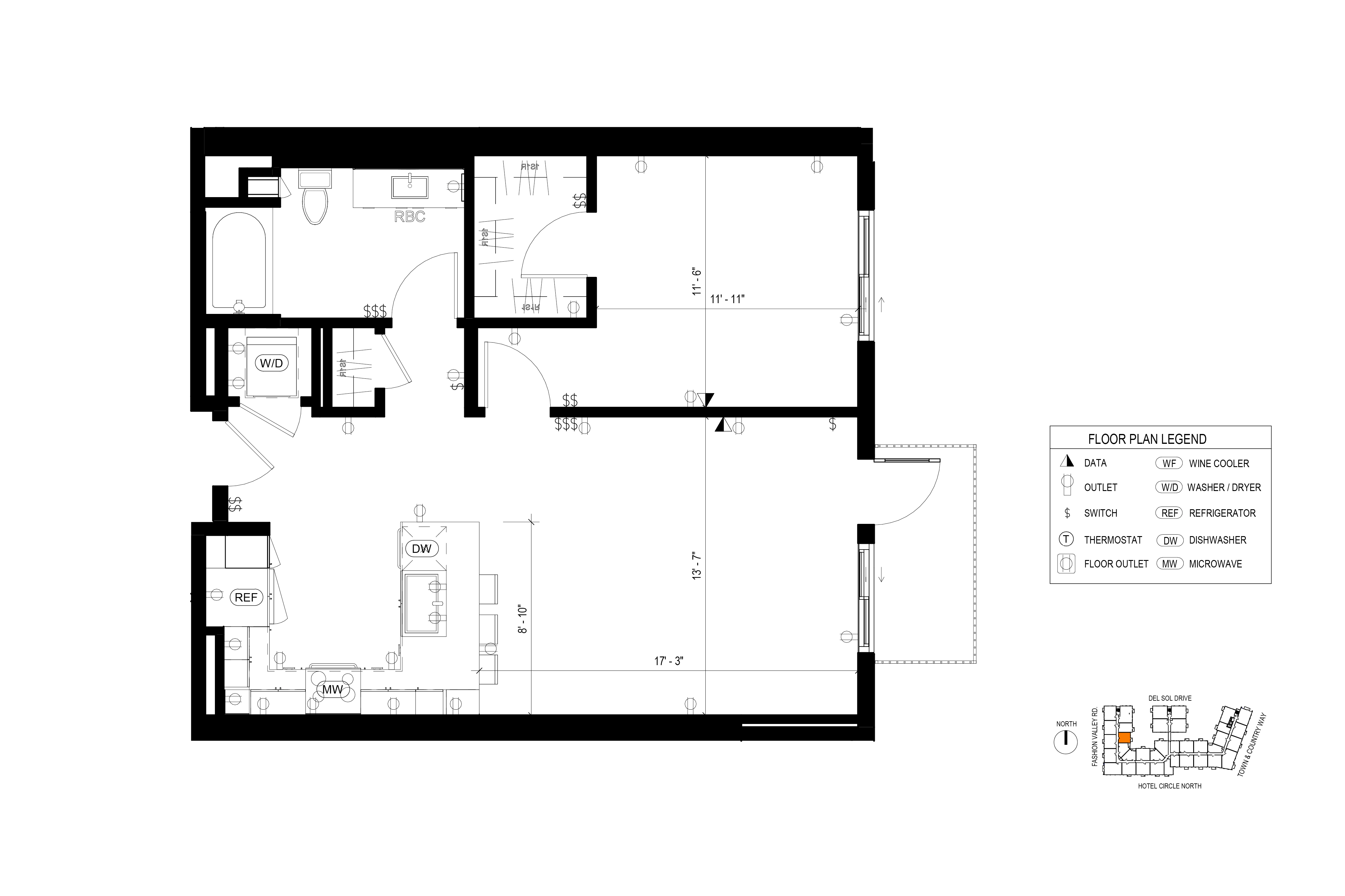 Floor plan for 1 bed, 1 bath, 845 sqft